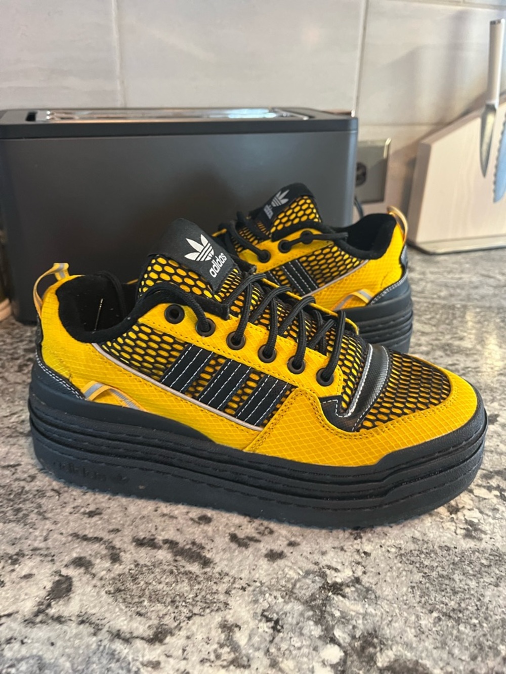 Adidas Triple Platform Low Yellow Black Metallic Silver Sneakers Womens 8.5